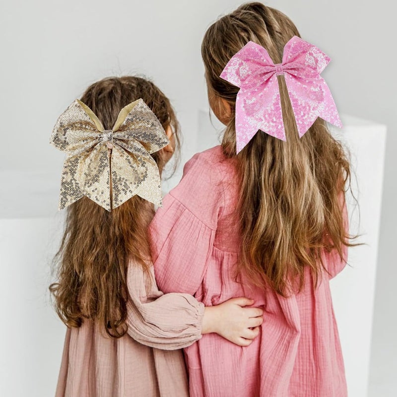 Zolyco Large Glitter Cheer Bows Clips, Jumbo Big 7 Inch Cheerleading Sequin Hair Bow Hair Accessories for Teens Girls Football Sports Cheerleader Outfit Uniform (Pink) - Image 3